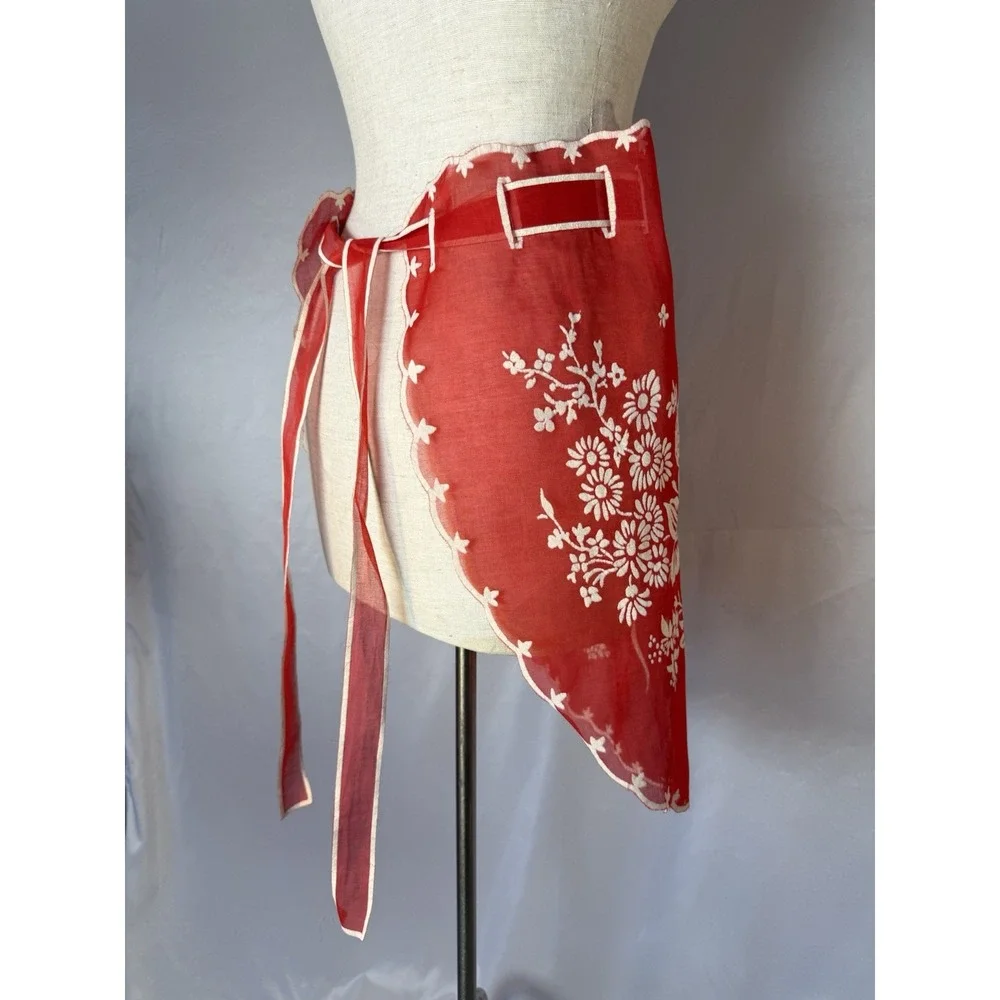 Vintage Sheer Christmas Floral Red White Embossed Half‎ Apron Hostess Retro